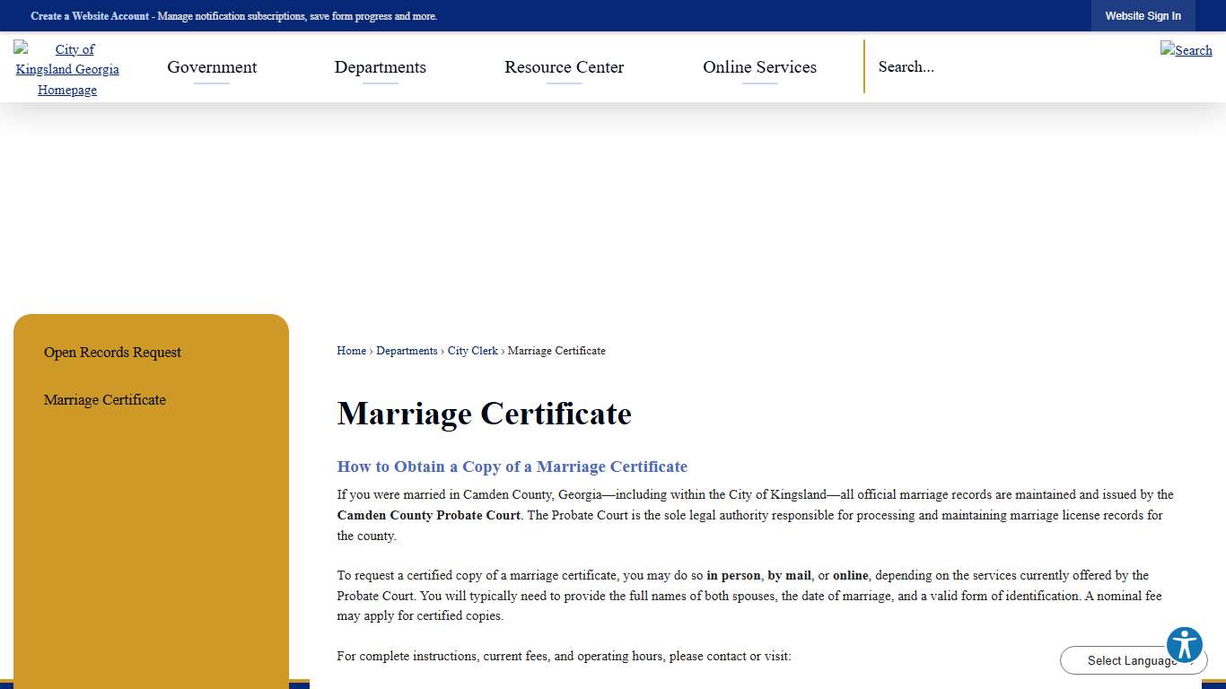 Marriage Certificate | Kingsland, GA - Official Website